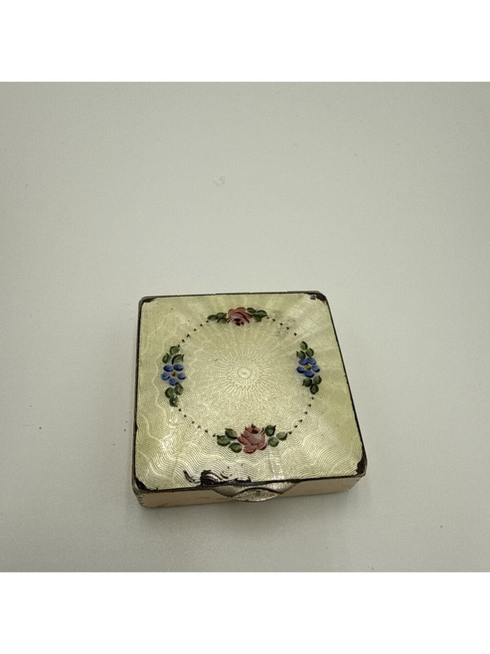 Vintage Guilloche Enamel Floral Silver Tone Powder Compact Mirror Square